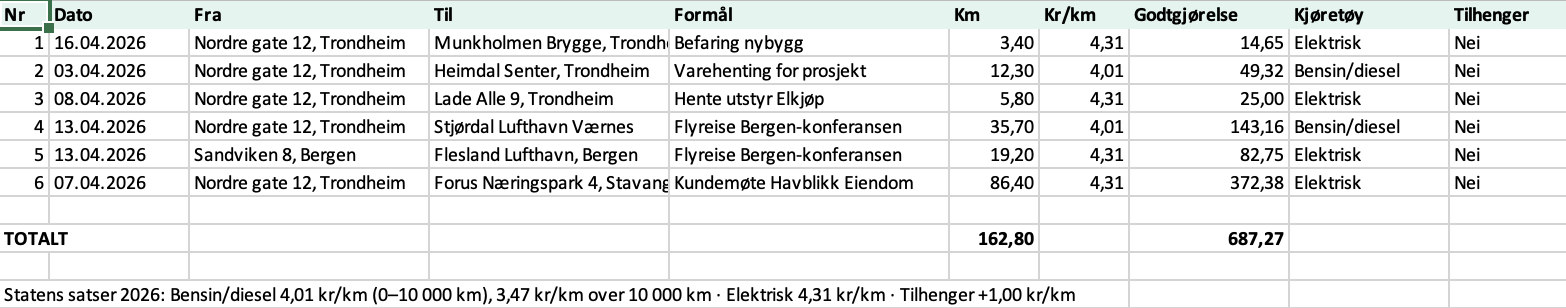 Excel-kjørebok fra Rekna